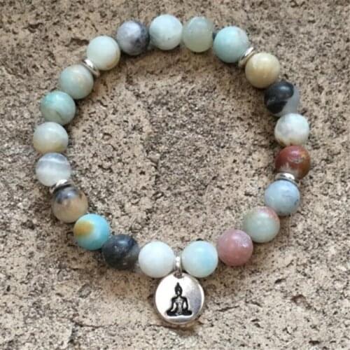 8mm Amazonium Gemstone Mala Bracelet Buddha Pendant Stretchy Chakras Unisex Lucky Yoga Wrist Meditation Mala Men Sutra Pray