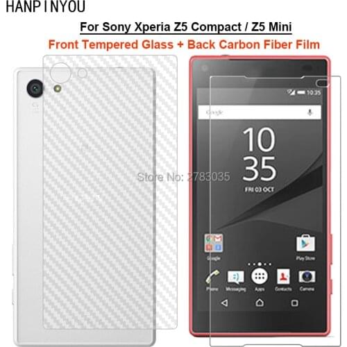 For Sony Xperia Z5 Compact 1 Set = Soft Back Carbon Fiber Film + Ultra Thin Clear Premium Tempered Glass Front Screen Protector