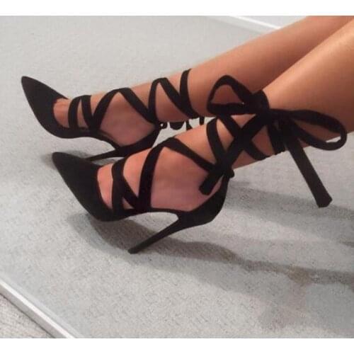Hot Brand Woman Sexy Solid Pink Black Suede Thin Heels Pointed Toe Cross Lace Up Party Dress High Heels Pumps Shoes Plus Size