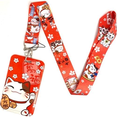 Cartoon Lucky Wealth Waving Cat Key Chain Lanyard For Keys ID Badge Holder Bus Pass Case Cover Slip Bank Credit Card Holder
