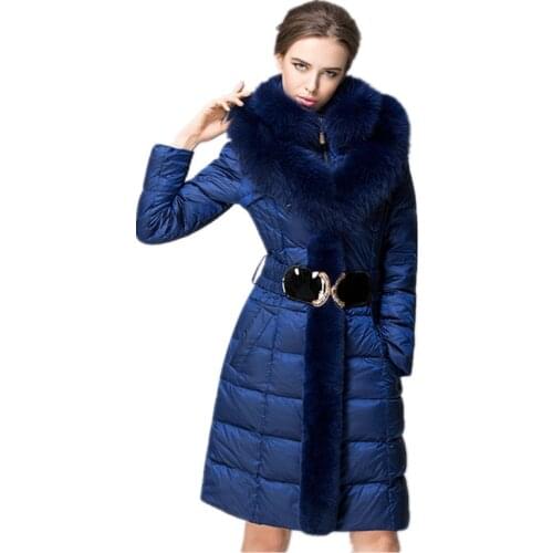 Fashion Winter Down Jacket Women Fox Fur Collar Slim Warm Down Coat Female Long Parka Ladies Elegant Outwear Hooded 754