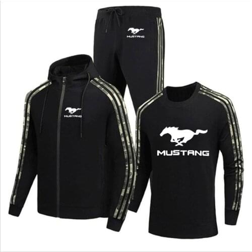 High quality cotton Spring Autumn Zip Jacket Mustang Car Logo printing Casual Mens jacket + sweater + pants three-piece suit