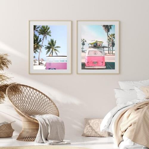 Pink Bus Beach Landscape Painting Palm Tree Surfboard Photo Poster Print Wall Pictures for Living Room Wall Art Decor