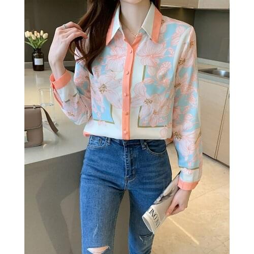 Fall 2021 new contrast color positioning printing shirt womens long-sleeved temperament design sweet niche chiffon shirt