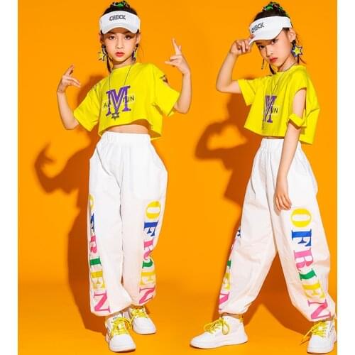 Girlss Modern Jazz Dance Clothes Crop Tops White Loose Hip Hop Pants Short Sleeves Hip-Hop Suit Rave Clothes Street Wear BL6740