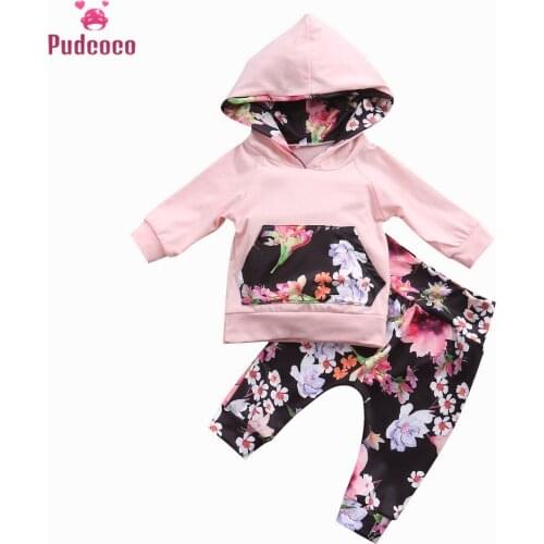 Autumn Winter 2PCS Infant Newborn Baby Girls Clothes Set Pocket Patchwork Hooded Tops +Floral Leggings Outfit Baby Clothing