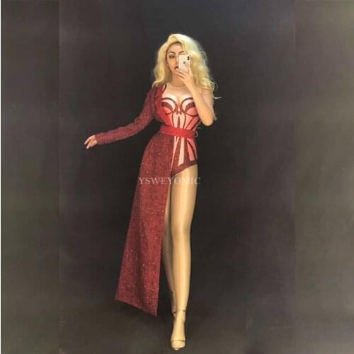 2019 Sexy Red Stretch Bodysuit Two Pieces Set Costume Stage Dance Wear Leotard Half Side Long Coat Performance Outfit YSWEYOMIC