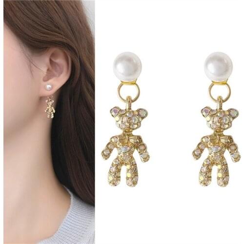 Funny Cute Pearl Rhinestone Animal Bear Drop Pendent Earrings for Women Girls Ear Jewelry Accessory Gift 2021 Trend New Arrival