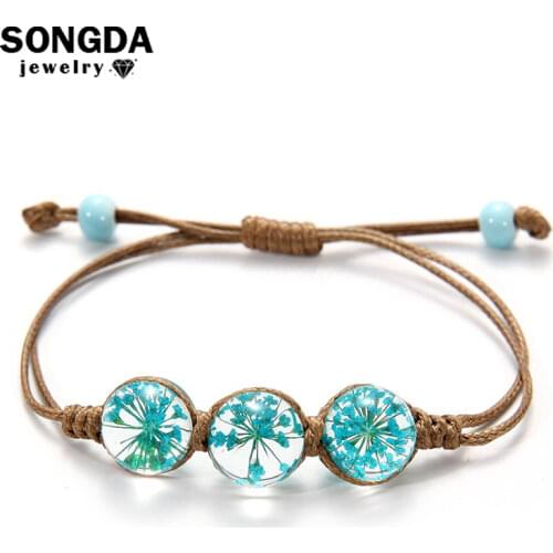 SONGDA Romantic Natural Dried Flowers Braided Rope Bracelet Handmade Cherry Blossom Glass Bubble Balls Charm Bracelets for Women