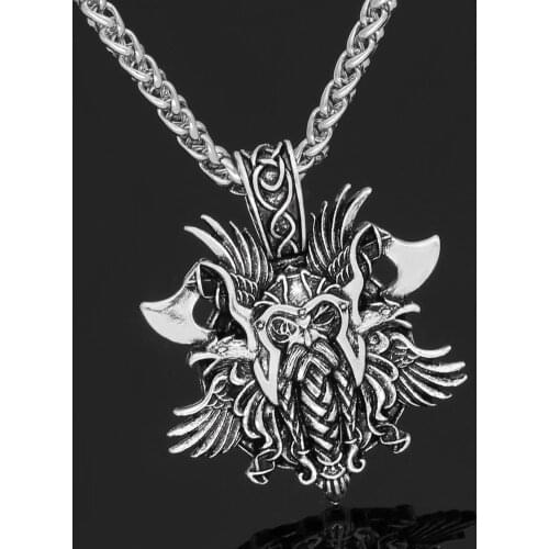VikingCeltic Men Viking odin face with axe amulet Nordic Pendant necklace with gift bag