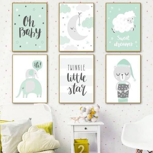 Green Cartoon Animal Wall Art Sweet Dream Sheep Canvas Painting Twinkle Star Elephant Bear Posters for Baby Room Home Decor
