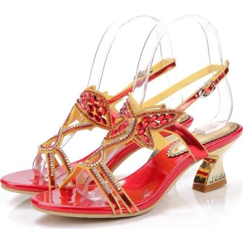 2019 Summer New Red Color Butterfly Diamonds Sandals Open Toe Thick Heel Roman Style Womens Shoes 6CM
