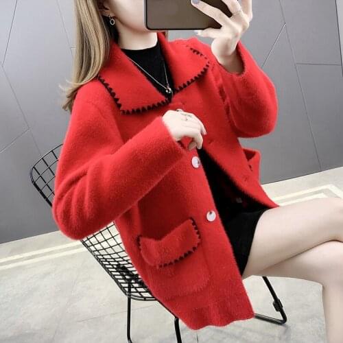 Women Cashmere Sweaters 2021 New Winter Single-Breasted Imitation Mink Velvet Knitted Cardigan Jackets Female Lapel Knitwear