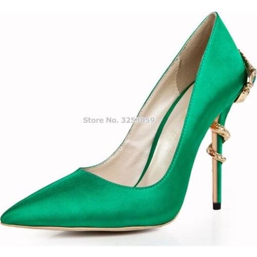 ALMUDENA Women Sexy Gold Metal Snake Heel Pumps Bling Bling Crystal High Heel Shoes Green Red Pointed Toe Shoes Golden Heels