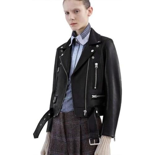 Spanish Style Female All-match Lapel Diagonal Zipper Epaulettes Motorcycle PU Leather Jacket Short Coat