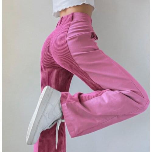 Y2k Patchwork Corduroy Pink Trendy Straight Women Trousers Loose Streetwear Vintage Harajuku Sweatpants High Waist WideLeg Pants