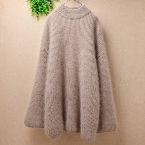 Ladies women fashion hairy plush mink cashmere knitted fall winter long flare sleeves loose pullover angora fur jumper sweater