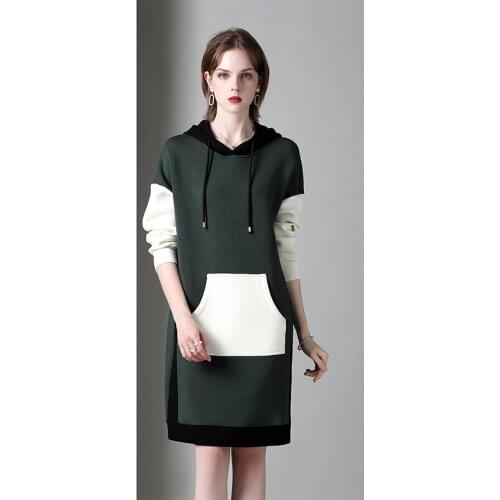 Stretch space cotton hit color hooded sweater dress women fall 2021 new womens loose casual straight long-sleeved dress