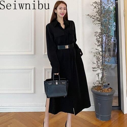 Korean Chic Elegant Temperament Turn-down Collar Slim Waist Belted Long Sleeve Dress Woman Long Vintage Office Lady Vestido