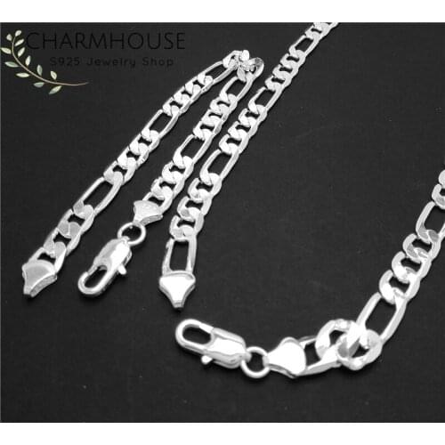 Pure Silver 925 Jewelry Sets For Men 8mm Figaro Chain Necklace Bracelet Collier Pulseira 2Pcs Trendy Jewelry Set Party Gifts