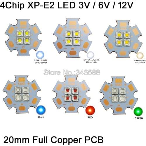 3V / 6V / 12V Cree XPE2 XP-E2 4Chips 4LED 12W Cool White Neutral White Warm White Red Blue Green High Power LED Emitter 20mm PCB