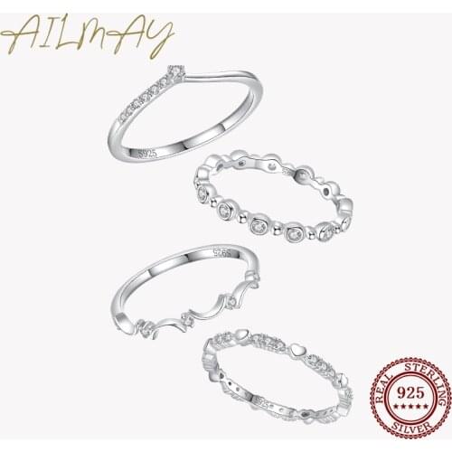 Ailmay Hot Sale Genuine 925 Sterling Silver Wave Geometric Design Stackable Rings Dazzling Clear CZ Fine Female Fashion Jewelry