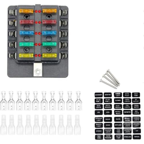 10-Way Blade Fuse Box [LED Indicator for Blown Fuse] [Protection Cover] [100 Amp] - Fuse Block for RV, Boat, Marine, Truck, SUV