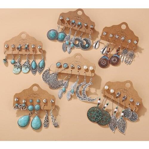 Bohemian Style Vintage Green Stone Earrings Set For Women Ethnic Tassel Moon Dangle Earrings Jewelry Gifts