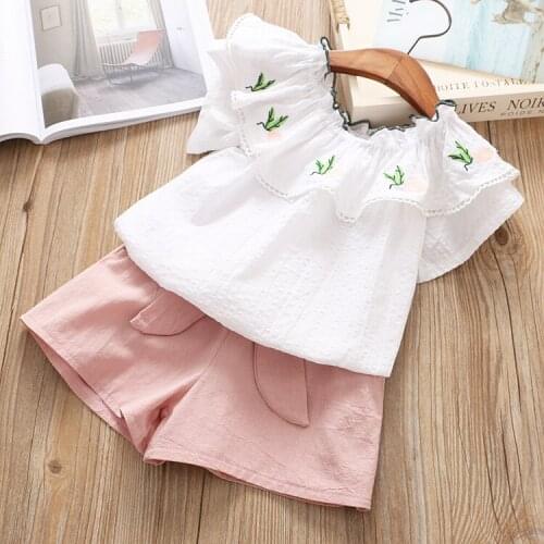 Kids Girls Sets Children Clothes Summer Child Baby Suits Short-sleeved Lotus Leaf Collar Embroidered Shirts Pants Suits Clothing