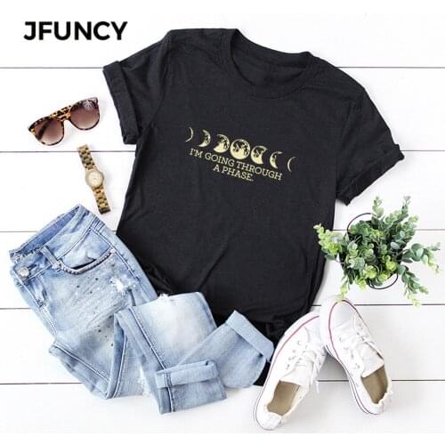 JFUNCY Retro Moon Print T Shirt Women Short Sleeve Loose Tshirt Woman Summer Cotton Tee Shirts Plus Size Female Tops Mujer