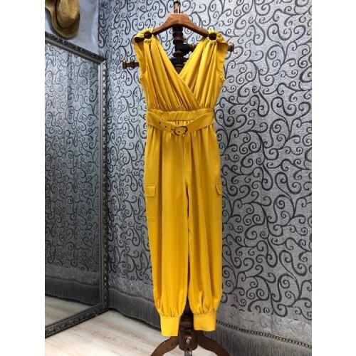 2021 Summer Fashion Jumpsuits High Quality Silk Women Sexy V-Neck Belt Deco Sleeveless Pleated Casual Silk Jumpsuit & Rompers