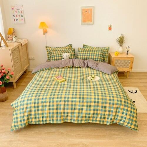 2021 New Bedding Sets Plaid Quilt Cover Pillowcase Bed Flat Sheets Green Duvet Cover Sets Twin Full Single King Kids Bedclothes