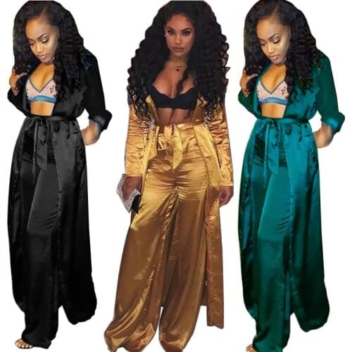 Echoine Satin Two Piece Set Women Long Kimono Cardigan Trench Coat Wide Leg Pants 2 Piece Set Elegant Sexy Club Outfits Gold