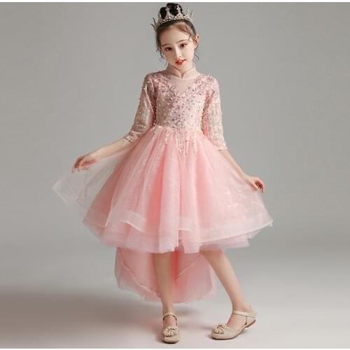 Flower Girl Dress Illusion Pearls Embroidery High Three Quarter Luxury Pink Princess Knee-Length Tulle Lace Kids Party Gown H301