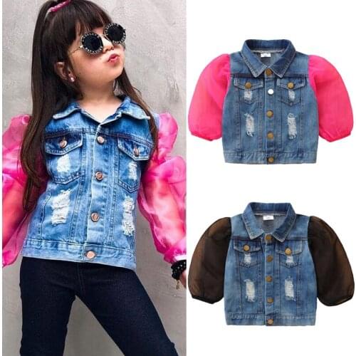 FOCUSNORM 1-6Y Fashion Infant Kids Girls Jacket Outwear Ripped Denim Single Breasted Puff Mesh Lantern Sleeve Lapel Coats