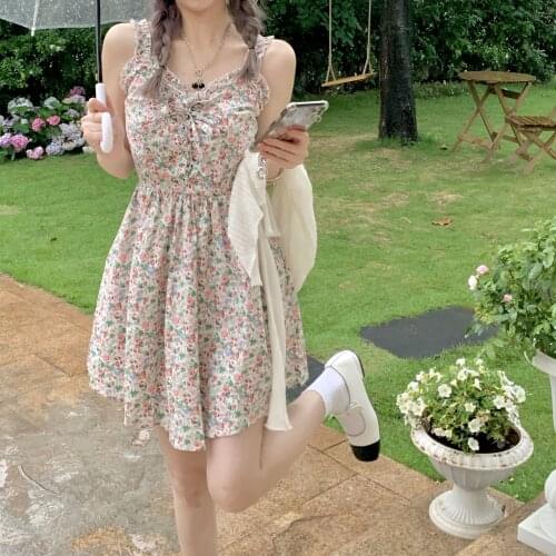 Maxi Dresses for Women Floral Sling Dress Female Summer New Style Korean Style High Waist Slim Casual A-line Short Skirt Tide