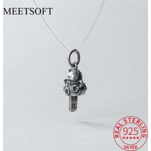 MEETSOFT 925 Tibetan Silver Lucky Cat Bell Charm Retro Animal Image Pendant DIY Necklace Decoration Jewelry Making Findings