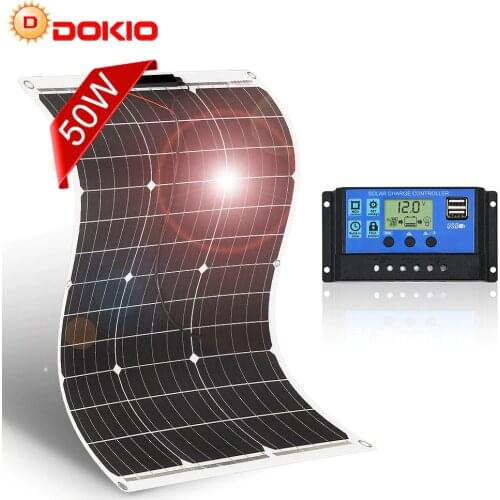 DOKIO 50W 18V Monocrystalline Flexible Solar Panel 50W +10A 12V 24v Controller Solar System Kits for Fishing Boat Cabin Camping