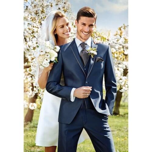 Latest Coat Pant Designs Navy Blue Satin Wedding Men Suits Slim Fit 3 Piece Groom Tuxedo Custom Blazer Prom Suit Terno Masculino