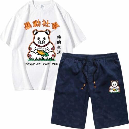 Mens Sets Riot Society Tees and Shorts year of pig sportswear T shirts Short sleeved set 2 pcs homme top tee casual men clothes