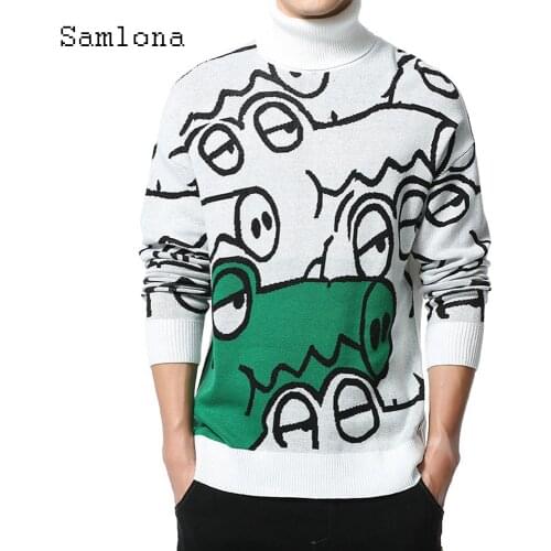 Samlona Plus Size Men Knitted Sweater Sexy Mens Clothing 2021 Autumn Mock Neck Top Casual Pullovers Fashion 3D Print Sweaters