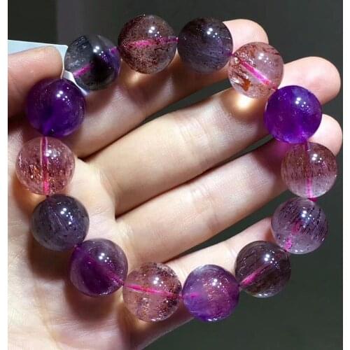 Genuine Natural Super Seven 7 Purple Rutilated Quartz Rare Women Man Round Beads Stretch Bracelet 15.5mm AAAAA Certificate