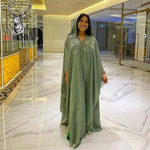 Dashiki Dress Silk Beading Abaya Dubai Maxi African Design Vintage Robe Gowns muslim sets Loose Lady Party hijab dress