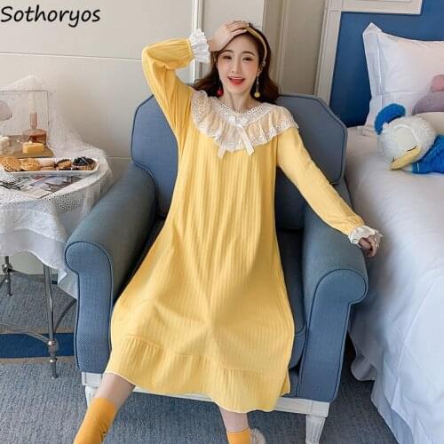 Candy Color Sleepshirts Women Sweet Girls Patchwork Lace Loose Mid-calf Cozy Full Sleeve Females Nightgowns Trendy Lounge Casual