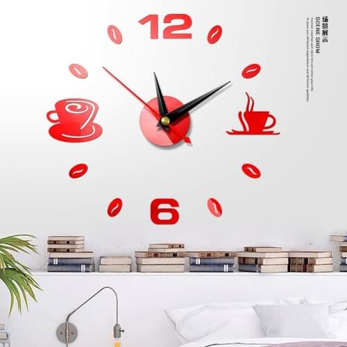 Self Adhesive Kitchen 3D Analog Home Waterproof Wall Clock Art DIY Mute Modern Mirror Coffee Cups Decor Acrylic Wall Clocks