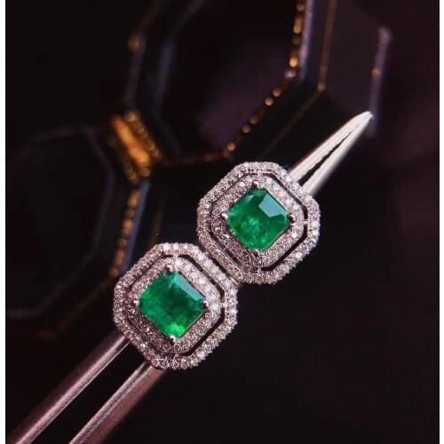 100% Natural Real 0.65ct carat Zambian Emerald Didamond Stup Earring Solid 14K White Gold Anniversary Gift