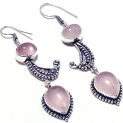 Genuine Rose Quartz Silver Overlay on Copper Earrings , Hand made Women Jewelry Gift, E5275