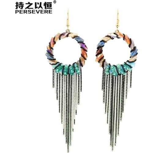 Persevere Bohemian Crystal Beaded Circle Chain Drop Long Tassel Earrings Women Wedding Party Fashion Jewelry Christmas Gifts