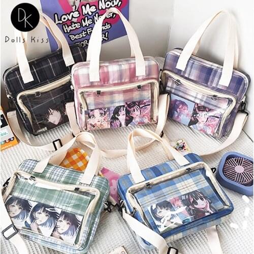 Female Kawaii Ita Bag Ladies Japanese Simple Transparent Pocket Messenger Bag Women Plaid JK Uniform Bag Student Book Handbag