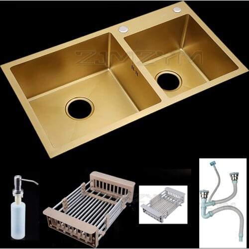 Above Counter Double Tank 304 Stainless Steel Brushed Gold Kitchen Sink Household Sink + Drainer, Drain Basket, Soap Dispenser